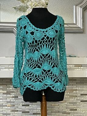Umgee Turquoise Hand-Crocheted Openwork Sweater size S